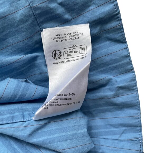 Ganni Re-Cut Striped Cotton V-Neck Midi Dress Blue Puff Sleeve - Picture 12 of 13